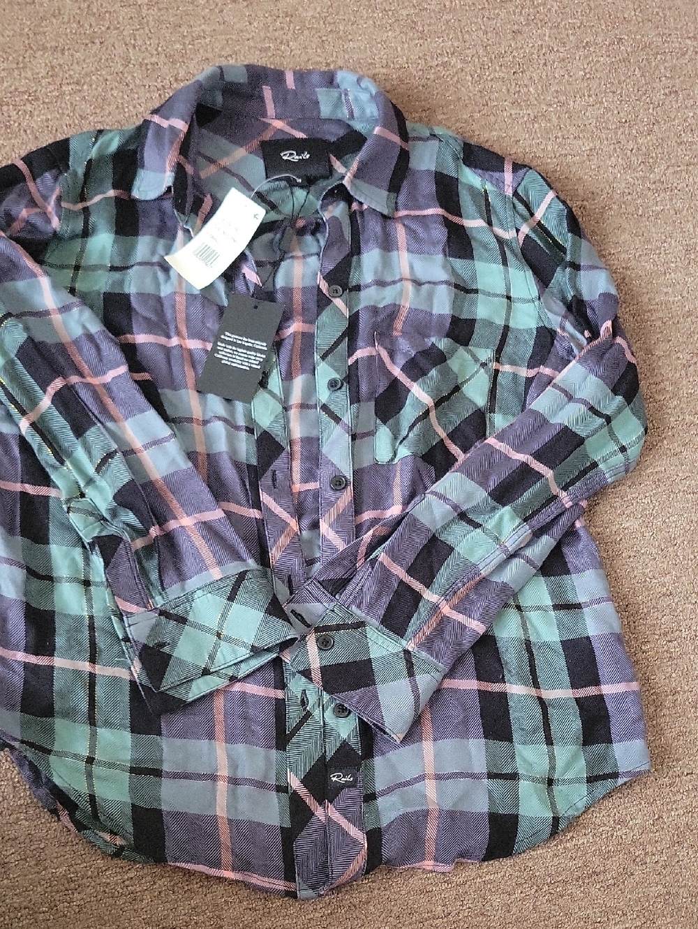 Rails Woman's Plaid Button-Down Shirt in Green Purple & Black W/ Metalic Thread